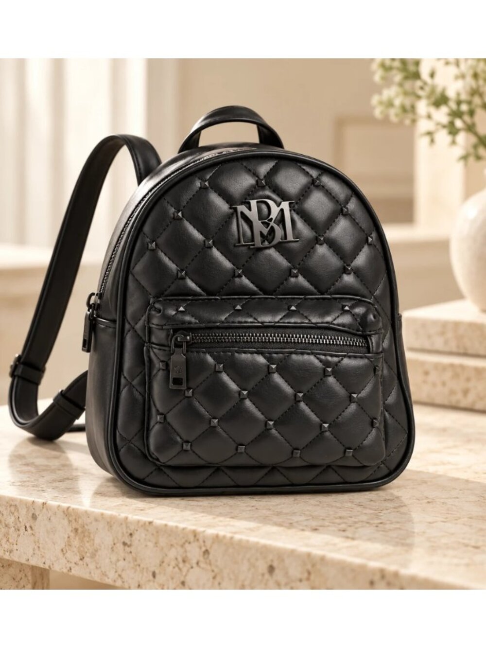 Badgley Mischka BMB-104 Black Quilted Mini Backpack Silver Hardware NWT